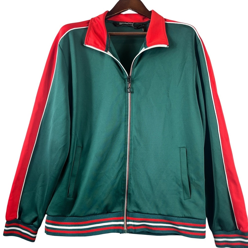 Mens XL Y2K Track Jacket Full Zip Green Red Athletic Streetwear Retro